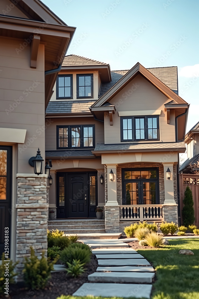 Obraz premium Luxury Home Exterior: Modern Architectural Design, Stone Facade, Landscaped Pathway