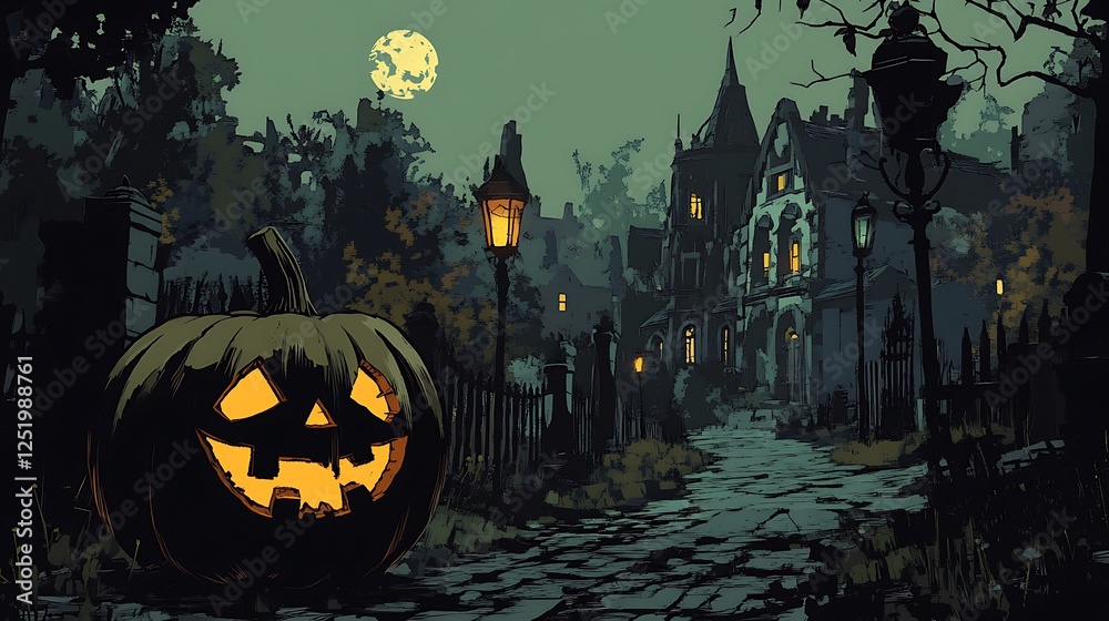 Fototapeta premium Full moon lighting up Halloween decorations pictures