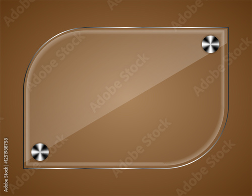  Glass sign with rounded edges and metal screws on a brown background. Suitable for signage, branding, labels, presentations or decorative projects.