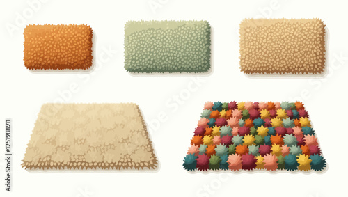 Cartoon wool carpets. Mats different, bath rug, carpet woven from pieces of fabric, decoration textile rugs for floor or feet, color round roll, vector illustration. Carpet and rug textile isolated