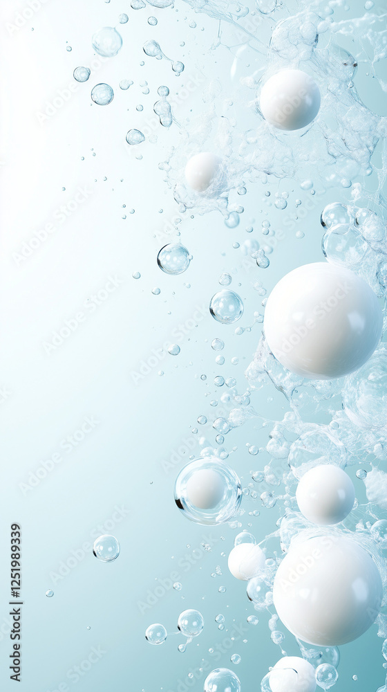 Obraz premium A serene composition of translucent bubbles and smooth white spheres floating in a soft blue background, evoking purity, freshness, and lightness.
