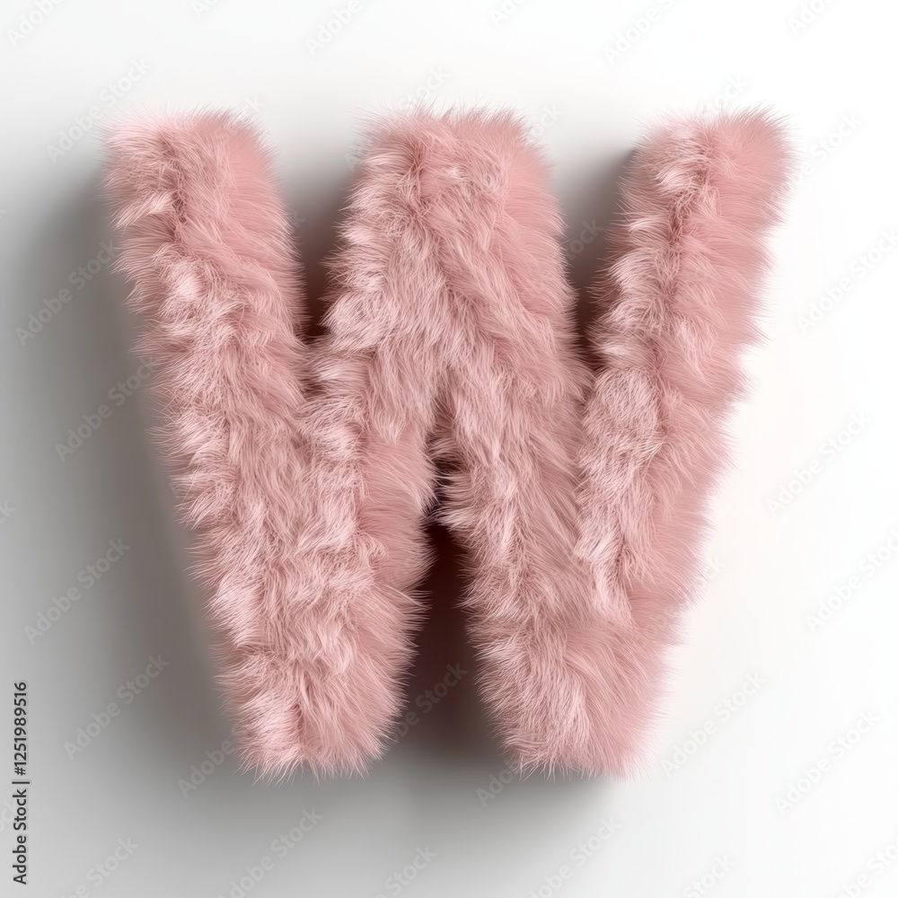 Fluffy letter W in light pink color displayed on pure white background with soft texture and 3D rendering style Fluffy letter W in light pink color displayed on pure white background with soft texture and 3D rendering style