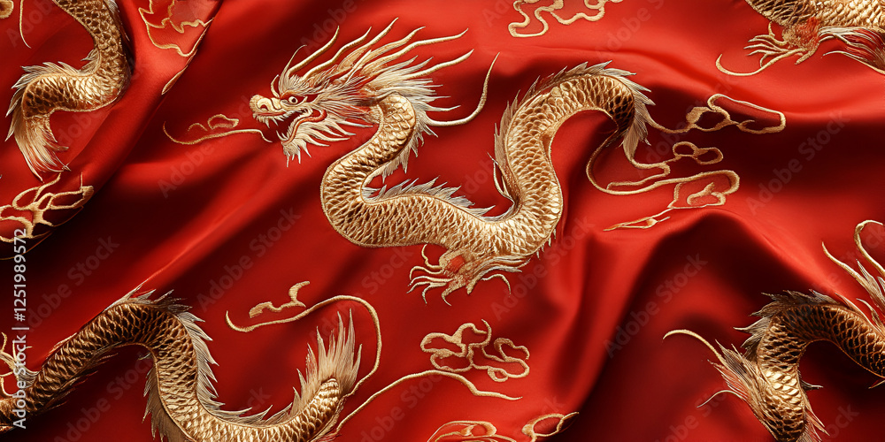 Obraz premium Luxurious Red Silk with Golden Dragon Embroidery and Royal Elegance