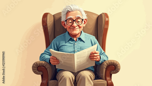 Old man sitting in rocking chair and reading newspaper. Vector illustration.