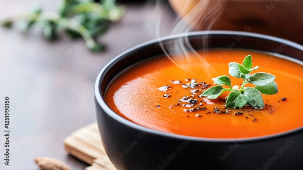Steaming bowl of tomato soup garnished with herbs Steaming bowl of tomato soup garnished with herbs