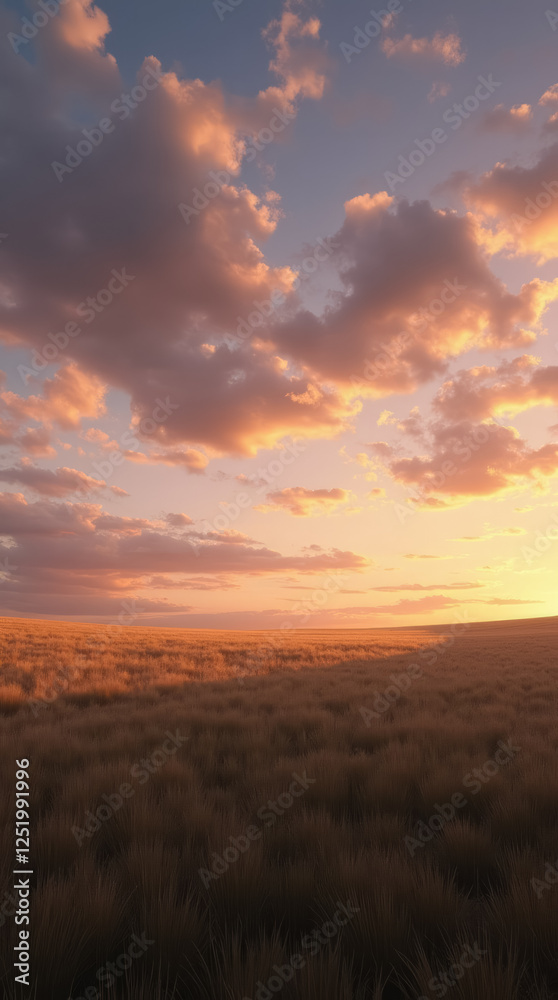 Empty Field at Dusk with Glowing Clouds in Warm Oranges and Soft Purples Empty Field at Dusk with Glowing Clouds in Warm Oranges and Soft Purples