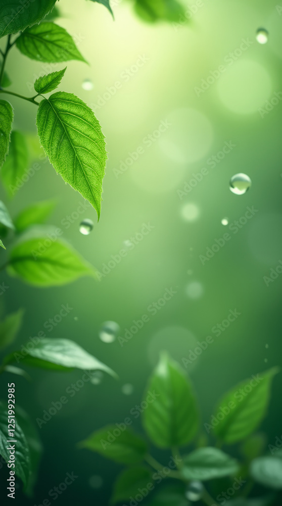 Green Leaves Floating Through the Air with Gentle Raindrops on Their Surface Green Leaves Floating Through the Air with Gentle Raindrops on Their Surface