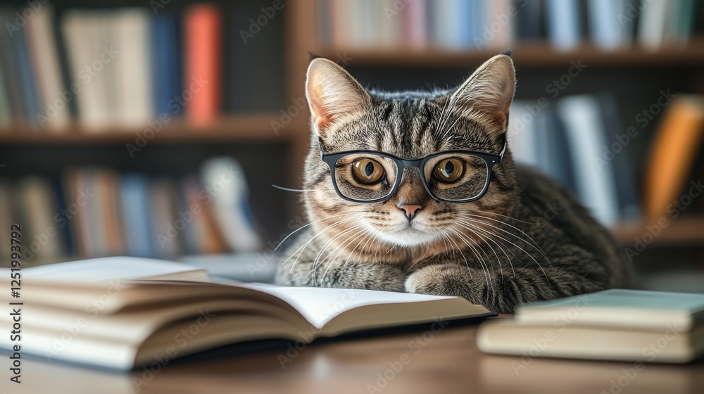 A Studious Cat with Glasses in a Library Setting. A Charming Image of a Cat Reading Books in a Library. A Cat Wearing Glasses, Surrounded by Books, Represents Knowledge and Learning. A Studious Cat with Glasses in a Library Setting. A Charming Image of a Cat Reading Books in a Library. A Cat Wearing Glasses, Surrounded by Books, Represents Knowledge and Learning.