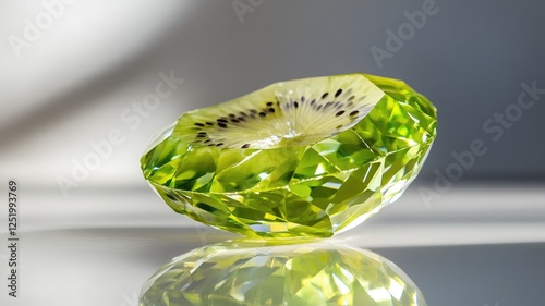 Crystal gemstone resembling sliced kiwi fruit with intricate facets, reflecting light