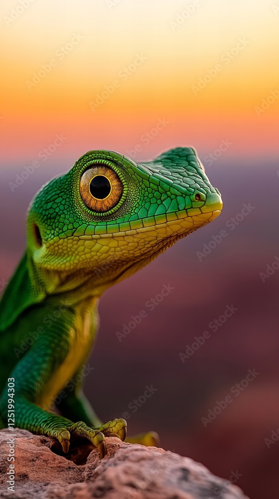 Fototapeta premium Vibrant green lizard perched on a rock, sunset backdrop. Stunning detail and colors.