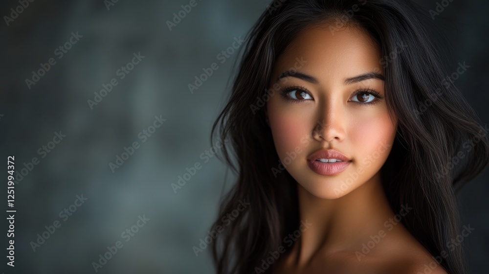Obraz premium Close-up Portrait of a Beautiful Woman, Stunning Facial Features and Elegant Makeup, A Captivating Image of a Model