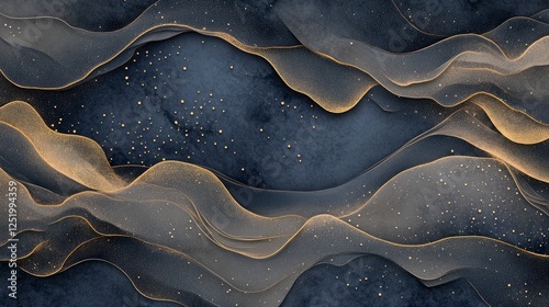 Dark blue background with golden wave lines and glittering dots, an elegant design for wall art or interior decoration.