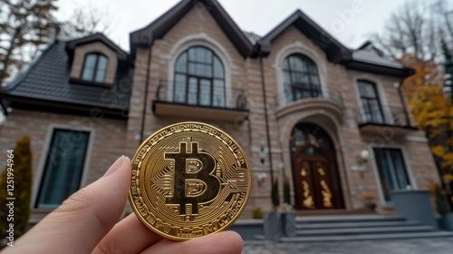 Cryptocurrency and luxury real estate: a bitcoin in front of a large house.