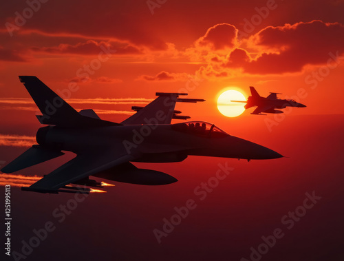 Dogfight Silhouette at Sunset – Two Fighter Jets Engaged in a High-Speed Aerial Battle