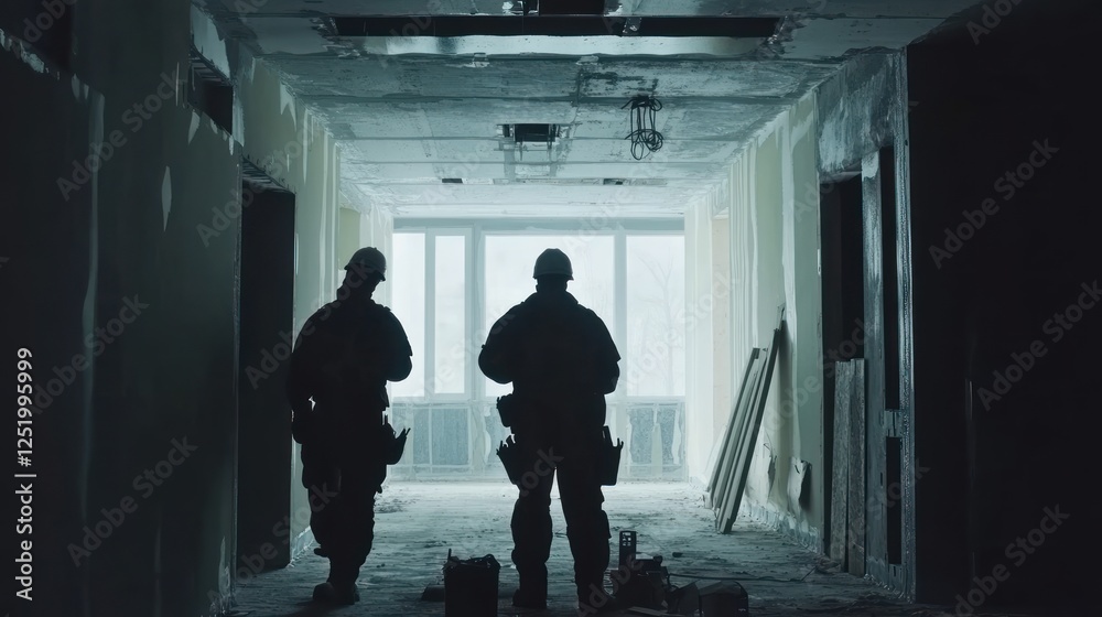 Fototapeta premium Construction Workers Silhouetted in a Dimly Lit Hallway