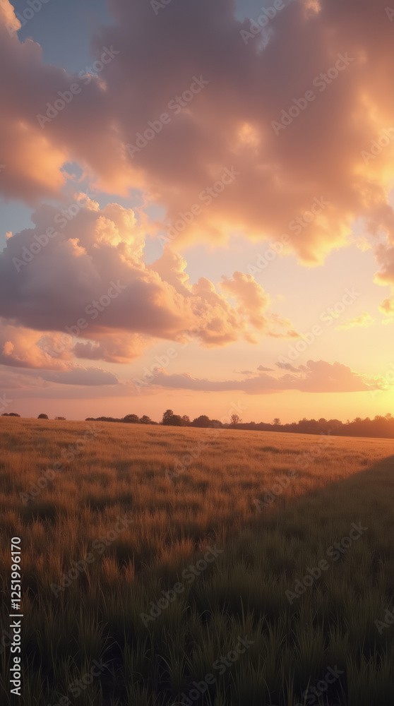 Empty Field at Dusk with Glowing Clouds in Warm Oranges and Soft Purples Empty Field at Dusk with Glowing Clouds in Warm Oranges and Soft Purples