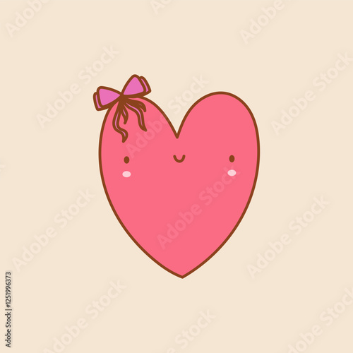 Cute Heart Doodle art. Pink heart with coqquette bow. Vector illustation on a isolated background