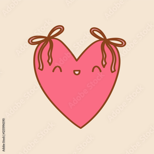 Kawaii Heart Doodle art. Pink heart with a coqquette bow. Vector illustation on a isolated background