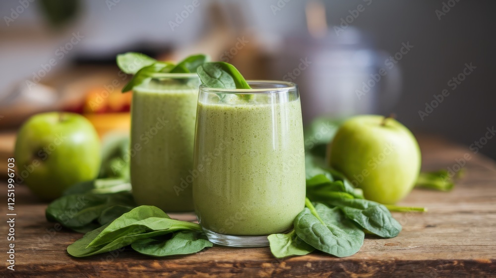 Two refreshing green smoothies made with spinach, apples, and other ingredients, surrounded by fresh spinach leaves and green apples. Two refreshing green smoothies made with spinach, apples, and other ingredients, surrounded by fresh spinach leaves and green apples.