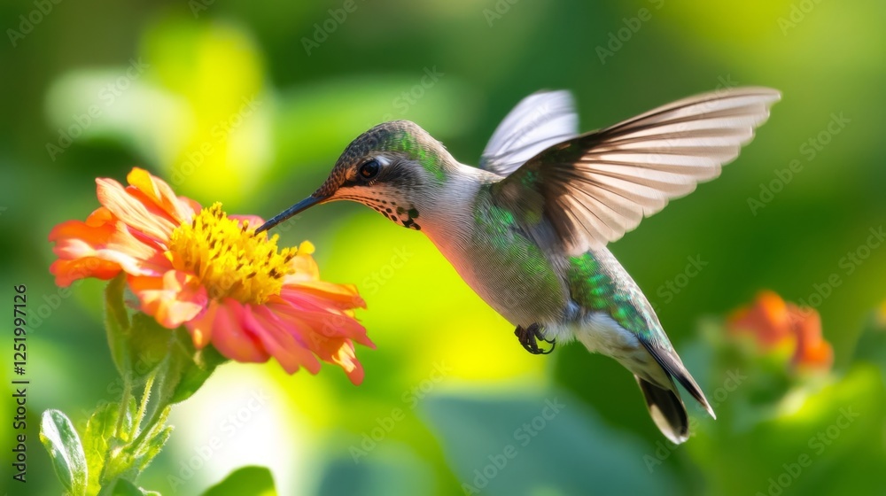Fototapeta premium A Hummingbird's Exquisite Dance with a Blossom in a Garden Paradise