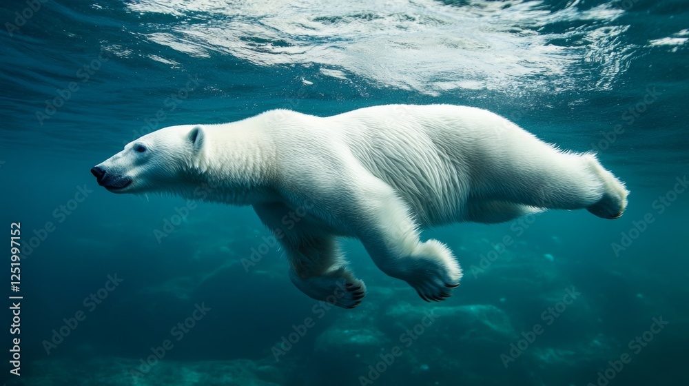 Naklejka premium Majestic Polar Bear Swimming Underwater in the Arctic Ocean. Powerful and Elegant Animal in its Natural Habitat