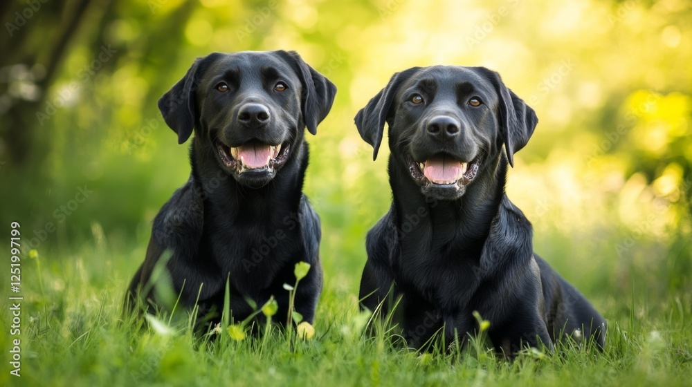 Two Black Labrador Retrievers Relaxing in a Lush Green Meadow. A Perfect Pair of Happy Dogs. A Charming Outdoor Portrait Two Black Labrador Retrievers Relaxing in a Lush Green Meadow. A Perfect Pair of Happy Dogs. A Charming Outdoor Portrait