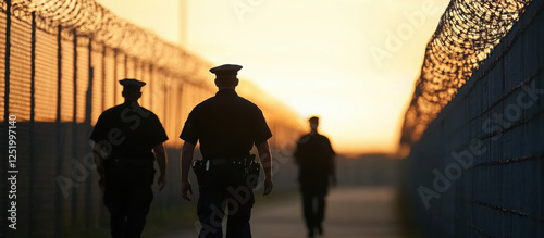 Prison guards walk along a fenced pathway during sunset, showcasing a secured correctional facility. The image highlights the serious atmosphere of security and law enforcement.