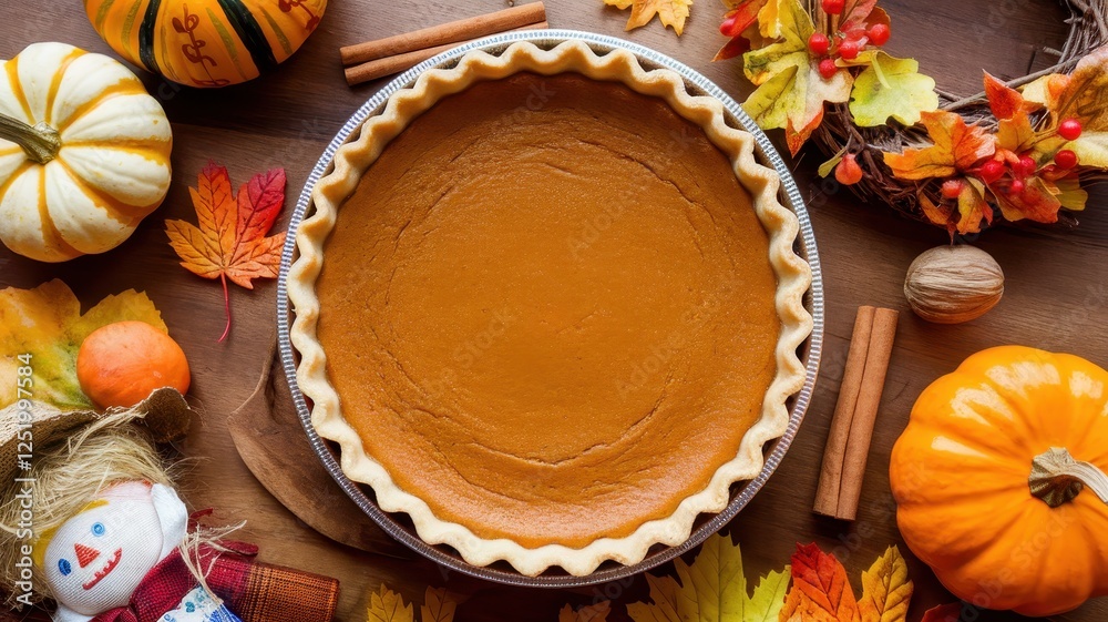 A warm, freshly baked pumpkin pie sits on a wooden table, surrounded by autumn decorations like pumpkins, colorful leaves, and cinnamon sticks. A warm, freshly baked pumpkin pie sits on a wooden table, surrounded by autumn decorations like pumpkins, colorful leaves, and cinnamon sticks.