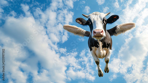 A funny wide-angle shot of a cow against a sky background.