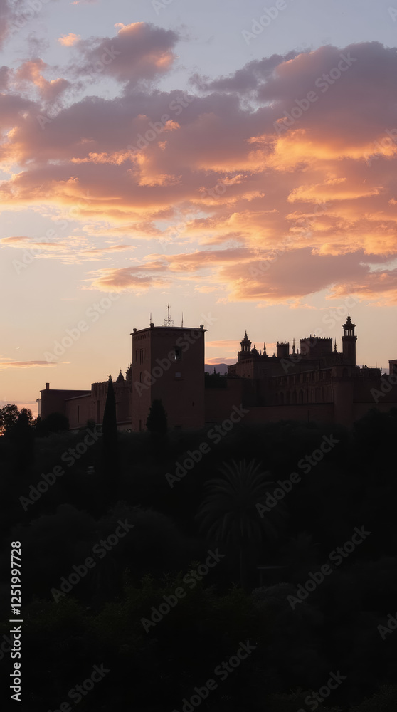 The Last Light of Dusk Over the Alhambra in Granada, Spain, with a Sky Glowing in Shades of Soft Pink and Gold The Last Light of Dusk Over the Alhambra in Granada, Spain, with a Sky Glowing in Shades of Soft Pink and Gold