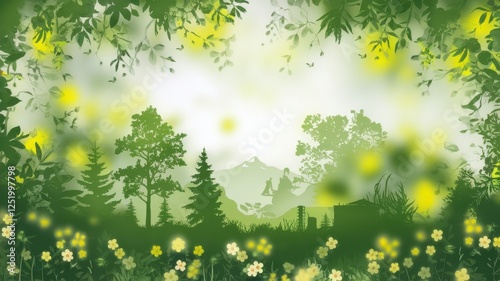 A tranquil green landscape featuring silhouettes of trees and hills, with soft yellow flowers blooming in a serene nature setting.
