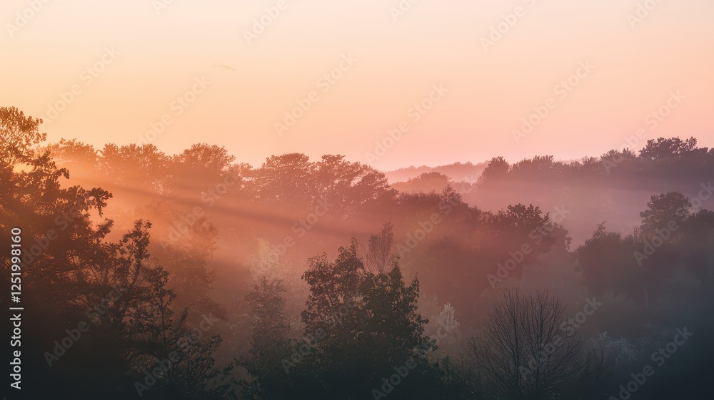 Fototapeta premium A serene sunrise casts warm hues over a misty forest, highlighting the silhouettes of trees in soft morning light.