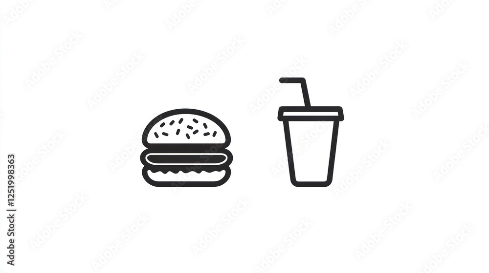 Simple black and white burger and soda icon, minimalist food illustration Simple black and white burger and soda icon, minimalist food illustration