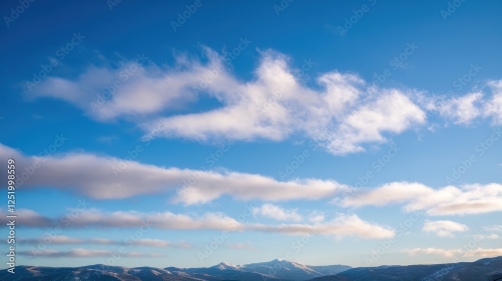 Naklejka premium A breathtaking expanse of vibrant blue sky filled with soft white clouds, overlooking snow-capped mountains in the distance.