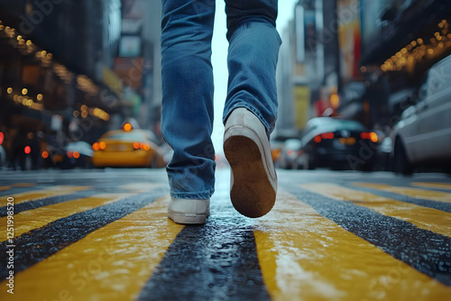 Person walking city street, rainy day photo