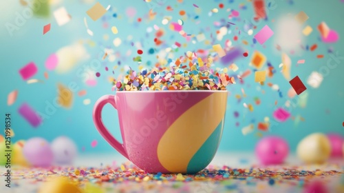 Vibrant confetti bursts from a colorful cup, celebrating party or birthday 