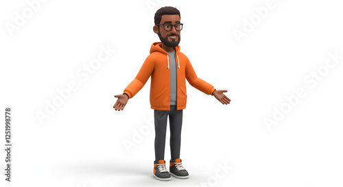 3d man in orange jacket and black pants standing with arms outstretched and hands at side, Adam Manoki, photography, 3d model, portrait