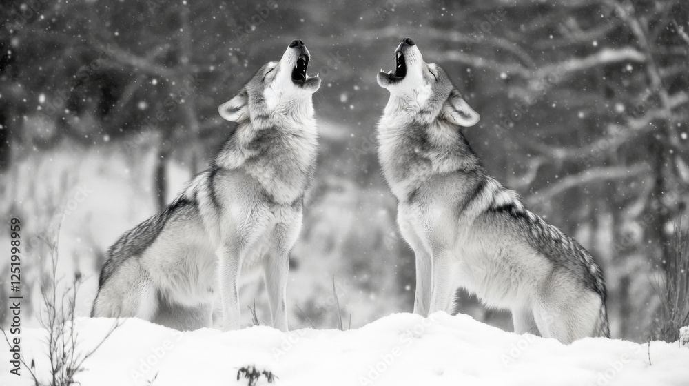 Naklejka premium Majestic Wolves Howling in a Winter Wonderland: A Breathtaking Black and White Landscape Photography