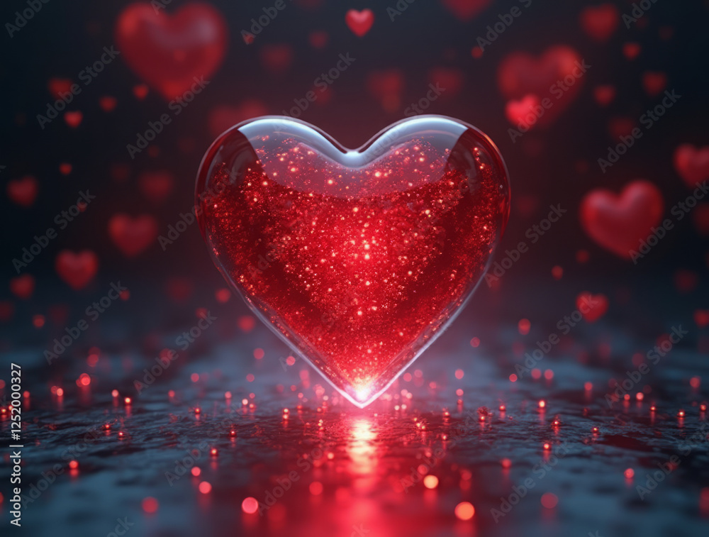 A Red Heart Suspended in a Glass Infinity Mirror, Reflecting an Endless Tunnel of Smaller and Fading Hearts A Red Heart Suspended in a Glass Infinity Mirror, Reflecting an Endless Tunnel of Smaller and Fading Hearts