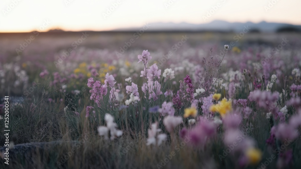 Obraz premium A soft-focus view of a vibrant field filled with blooming wildflowers in various colors, creating a serene and tranquil atmosphere during sunset.