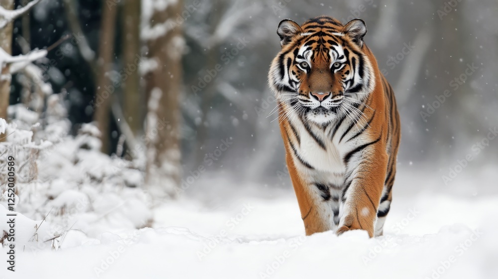 Obraz premium Majestic Tiger Strolling Through a Snowy Forest: A Powerful Winter Scene