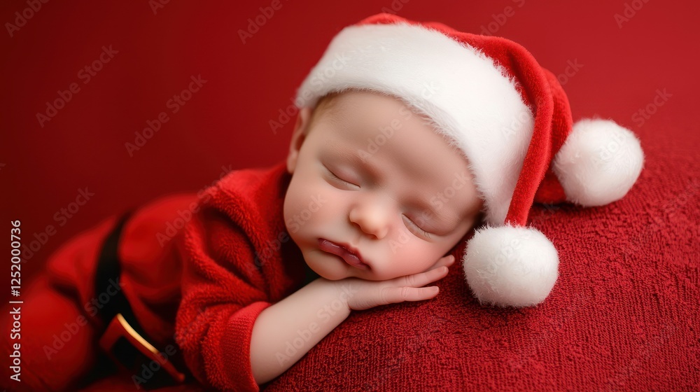 Sleeping baby in Santa suit, red background, Christmas (1) Sleeping baby in Santa suit, red background, Christmas (1)