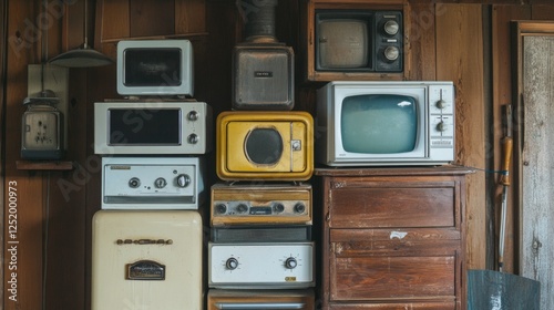 Vintage Electronics Stacked in a Wooden Cabin - A Timeless Collection of Retro Appliances photo