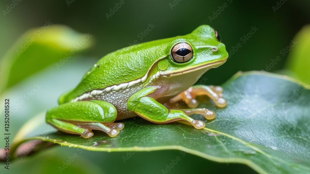 Vibrant Green Frog Perched Exquisitely on a Lush Forest Leaf; A Close-up Macro Photography of a Tiny Amphibian in its Natural Habitat Vibrant Green Frog Perched Exquisitely on a Lush Forest Leaf; A Close-up Macro Photography of a Tiny Amphibian in its Natural Habitat