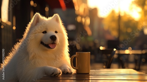 Fluffy Samoyed dog at outdoor cafe sunset