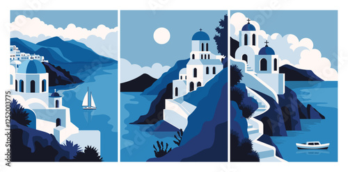 Greek Santorini posters. Abstract Greek landscape traditional white architecture of Mediterranean island flat minimalistic style, travel to Greece brochure cover design. Vector set