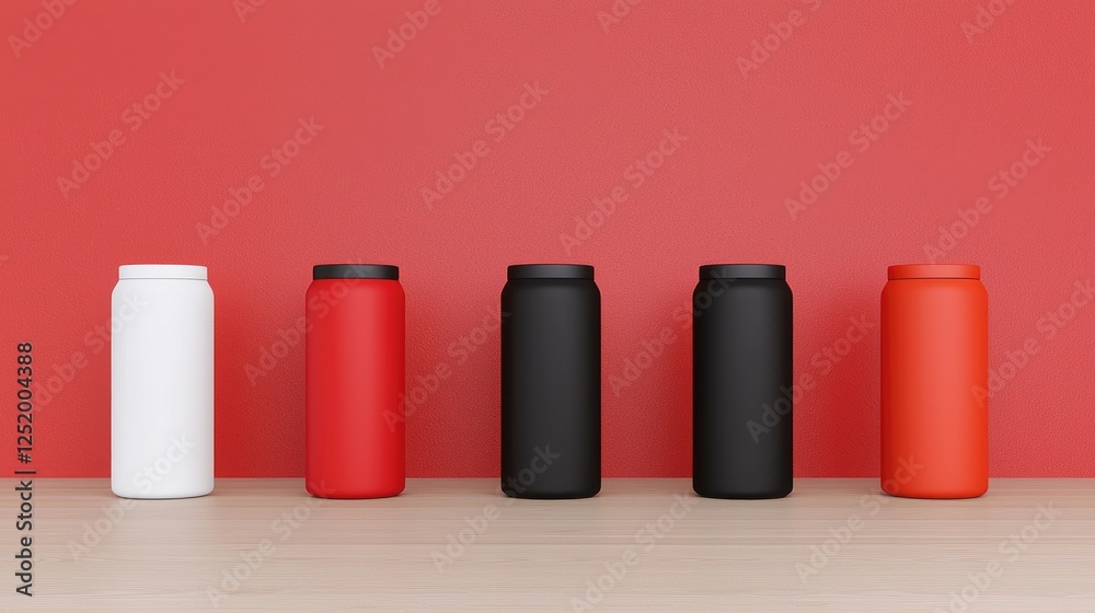 Five colorful cans on wood table against red background; product mockup Five colorful cans on wood table against red background; product mockup