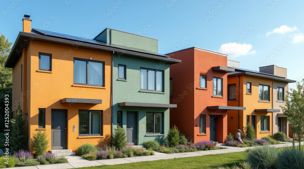 Vibrant Terraced Houses – A Row of Warm Earthy-Toned Homes Under a Clear Blue Sky Vibrant Terraced Houses – A Row of Warm Earthy-Toned Homes Under a Clear Blue Sky