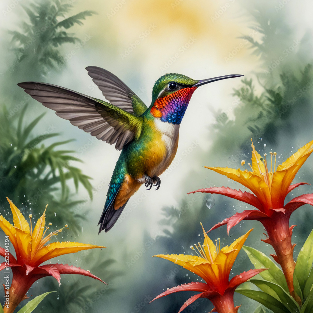 Fototapeta premium Watercolor illustration of a Fiery-throated Hummingbird feeding from brilliant bromeliads in a misty Costa Rican highland, surrounded by dewdrops