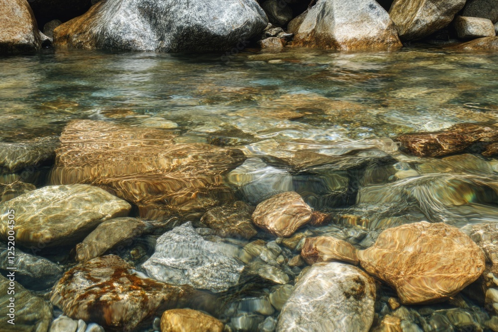 Fototapeta premium An artistic view of smooth stones submerged in crystal clear water, reflecting sunlight, conveying a sense of calmness and natural beauty.